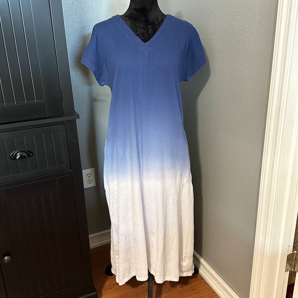 Lands' End Dress Small Blue Ombre Maxi Coastal Minimalist Cotton